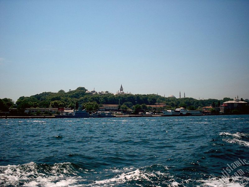 View of Sarayburnu coast, Topkapi Palace and Ayasofya Mosque (Hagia Sophia) from the sea in Istanbul city of Turkey.
