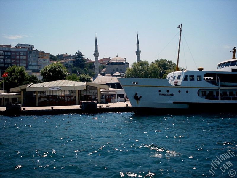 View of Uskudar jetty and Mihrimah Sultan Mosque from the Bosphorus in Istanbul city of Turkey.
