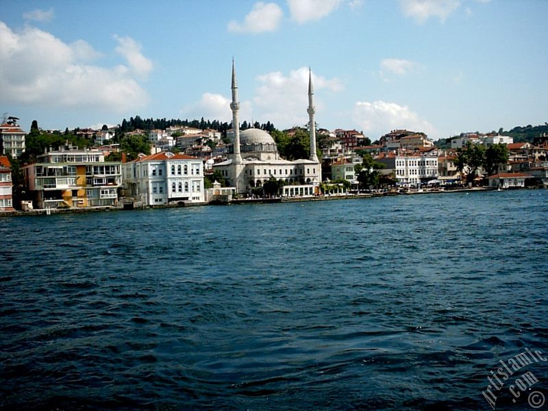 View of Beylerbeyi coast and a Beylerbeyi Mosque from the Bosphorus in Istanbul city of Turkey.
