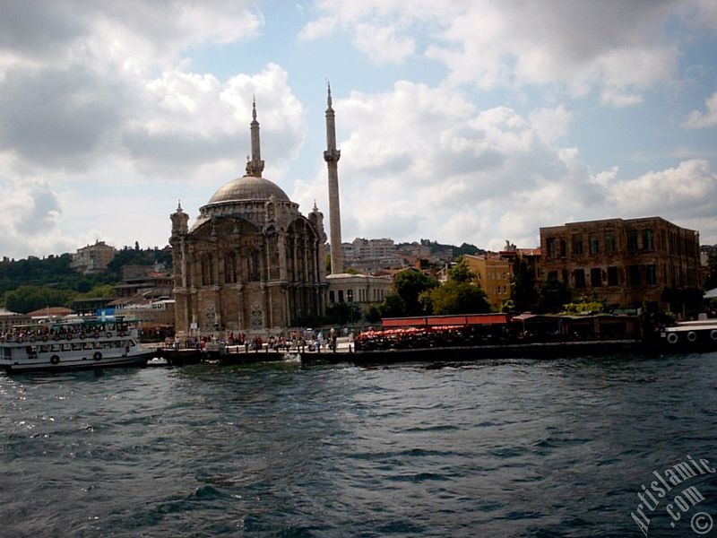 View of Ortakoy coast and Ortakoy Mosque from the Bosphorus in Istanbul city of Turkey.
