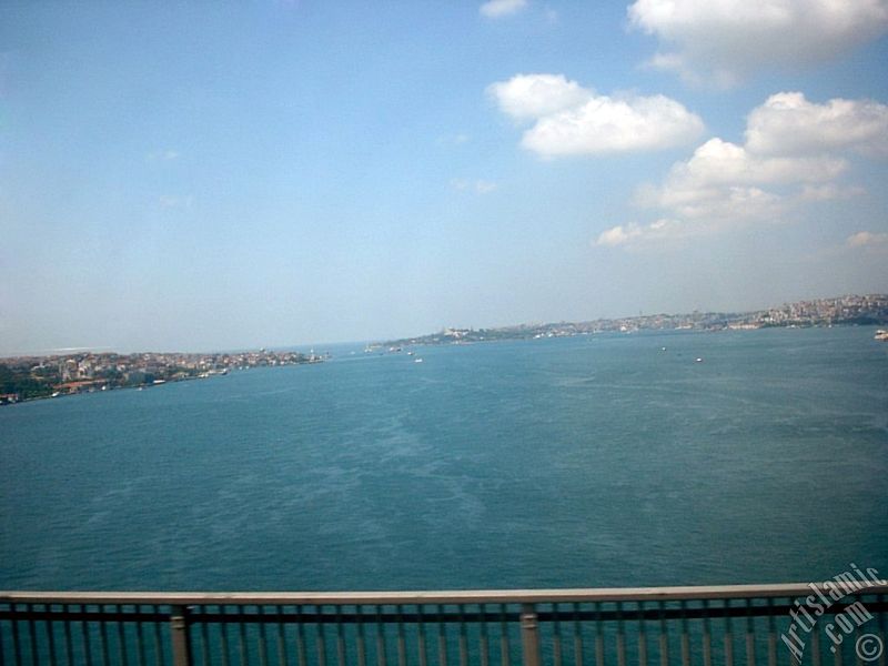 View of the Bosphorus in Istanbul from the Bosphorus Bridge over the sea of Marmara in Turkey.
