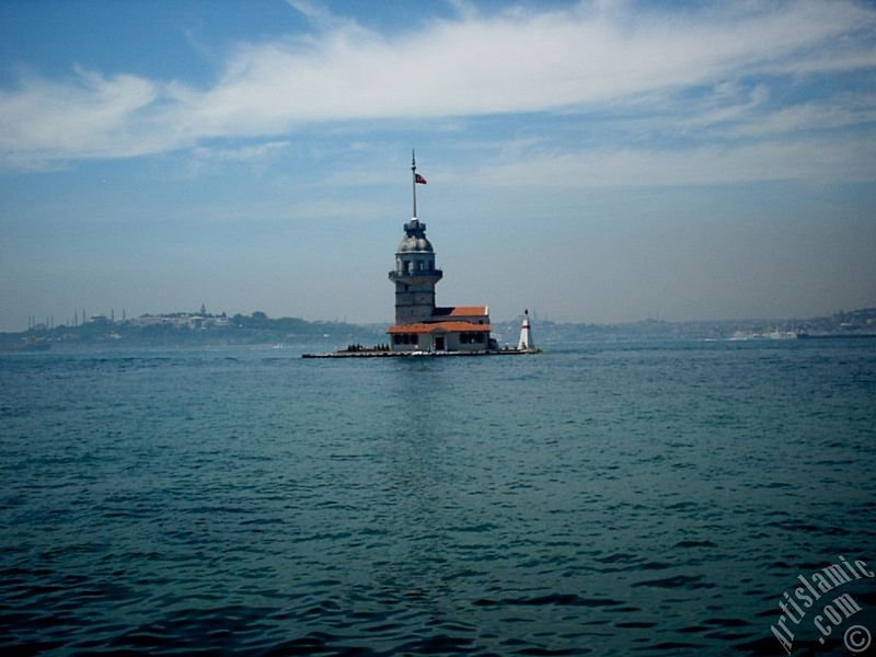 View of Kiz Kulesi (Maiden`s Tower) located in the Bosphorus from the shore of Uskudar in Istanbul city of Turkey.
