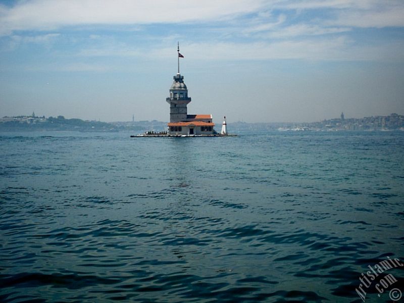 View of Kiz Kulesi (Maiden`s Tower) located in the Bosphorus from the shore of Uskudar in Istanbul city of Turkey.
