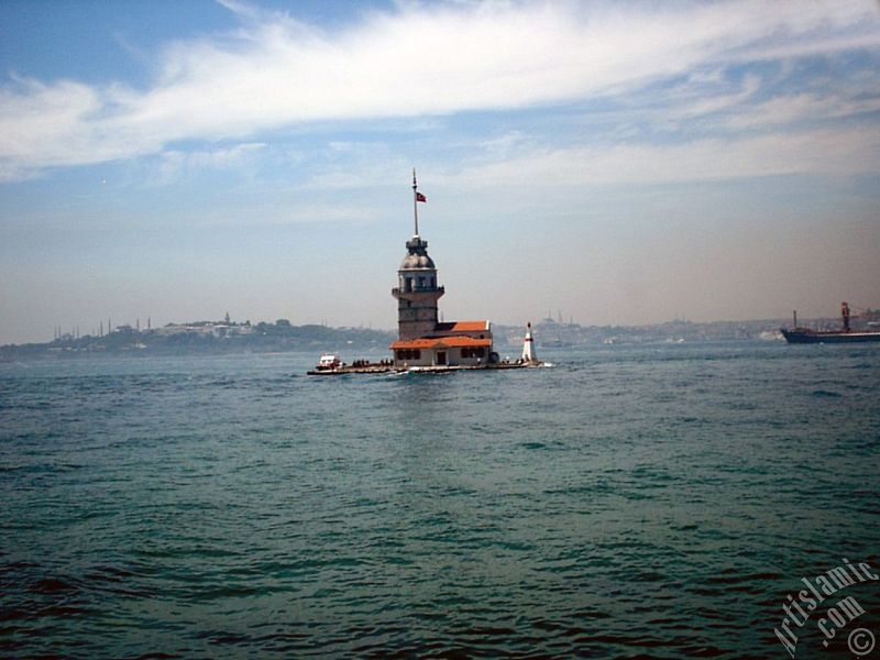 View of Kiz Kulesi (Maiden`s Tower) located in the Bosphorus from the shore of Uskudar in Istanbul city of Turkey.
