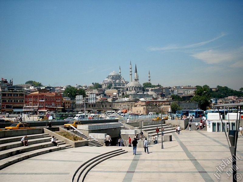The Square, Rustem Pasha Mosque and above it Suleymaniye Mosque in the district of Eminonu in Istanbul city of Turkey.
