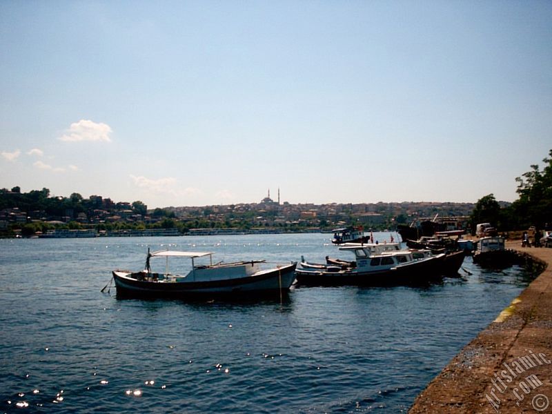 View of Sarachane coast and on the horizon Fatih Mosque from the shore of Karakoy-Persembe Pazari in Istanbul city of Turkey.
