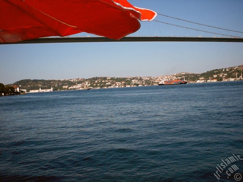 View of Bosphorus Bridge and Beylerbeyi-Kuleli coast from a park at Ortakoy shore in Istanbul city of Turkey.

