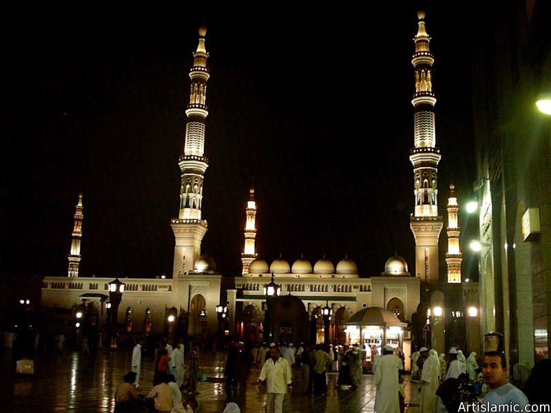 A nighttime view from the outside court of the Prophet Muhammad`s (saaw) Mosque (Masjed an-Nabawe) in Madina city of Saudi Arabia.
