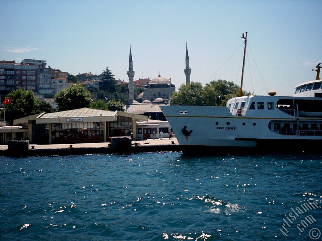 View of Uskudar jetty and Mihrimah Sultan Mosque from the Bosphorus in Istanbul city of Turkey.
