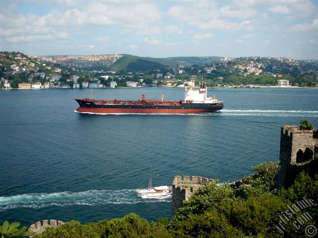 View of the Bosphorus from Rumeli Hisari which was ordered by Sultan Mehmet the Conqueror to be built before conquering Istanbul in 1452 in Turkey.
