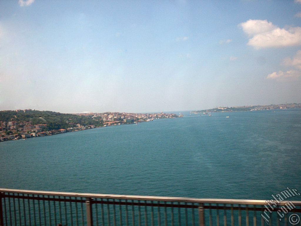 View of the Bosphorus in Istanbul from the Bosphorus Bridge over the sea of Marmara in Turkey.
