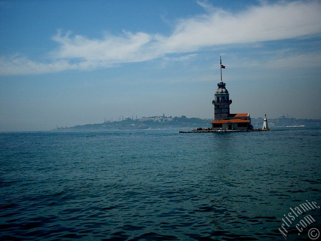 View of Kiz Kulesi (Maiden`s Tower) located in the Bosphorus from the shore of Uskudar in Istanbul city of Turkey.
