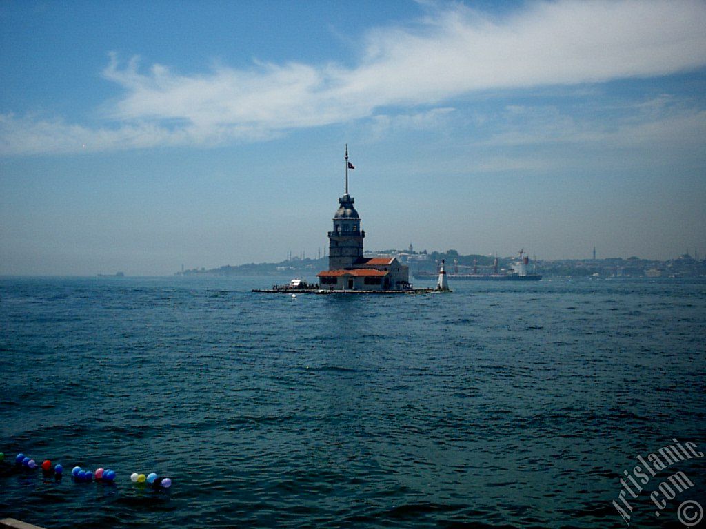 View of Kiz Kulesi (Maiden`s Tower) located in the Bosphorus from the shore of Uskudar in Istanbul city of Turkey.
