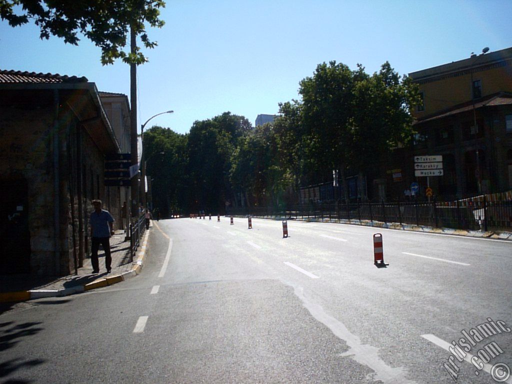 View towards Dolmabahce district from the way of Dolmabahce-Besiktas in Istanbul city of Turkey.
