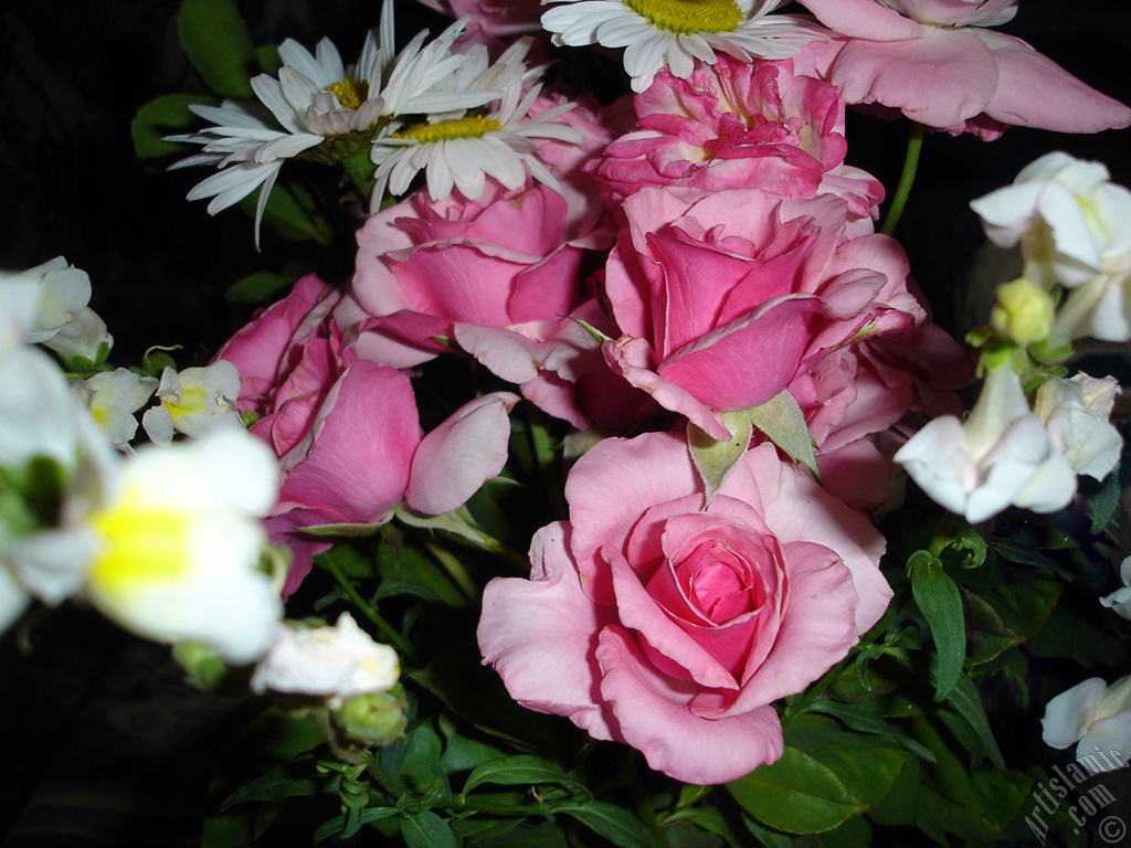 A bouquet consisting of rose, daisy and snapdragon flowers.
